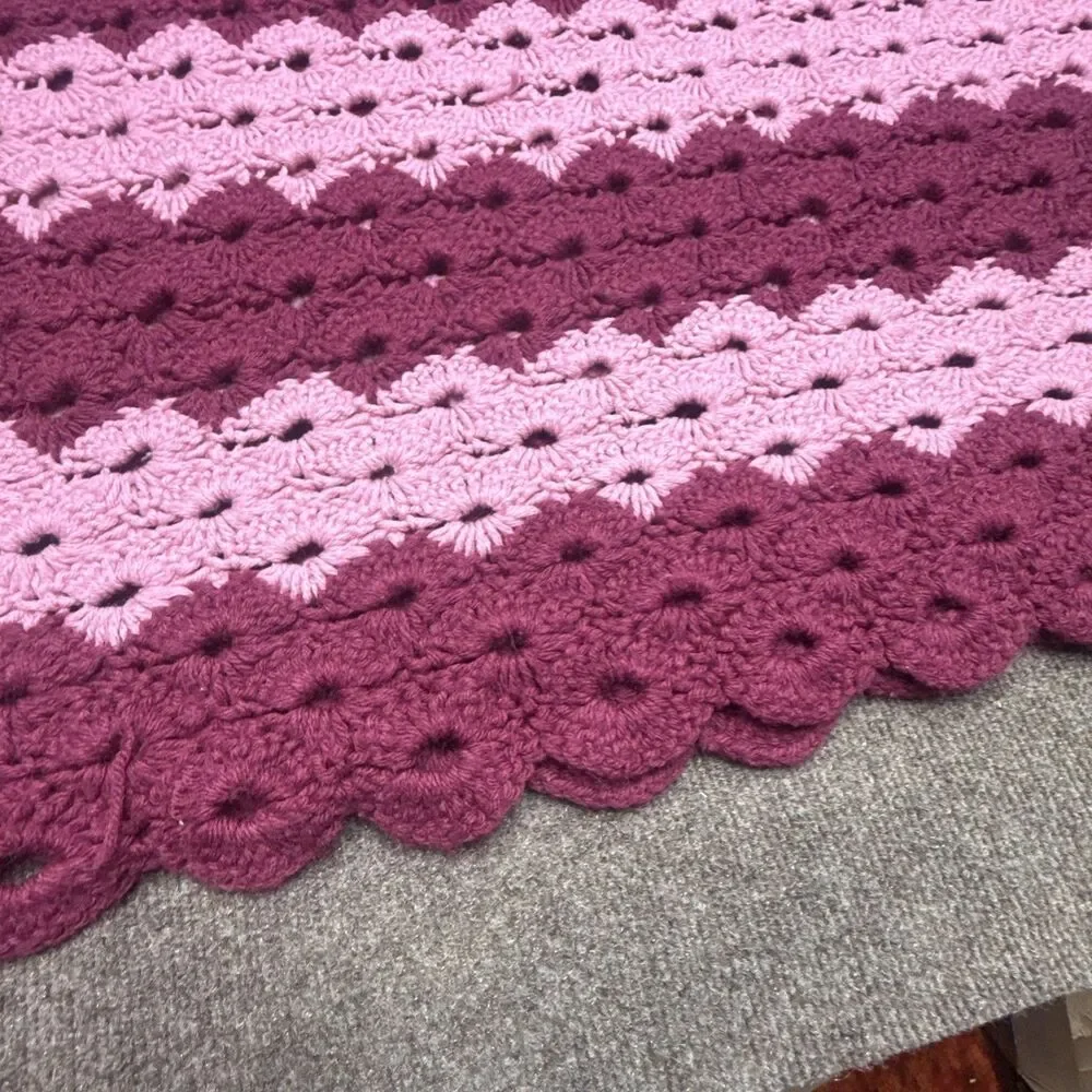 Vintage Crochet Afghan Blanket Pink Maroon Striped Shell Stitch Handmade 50x80
